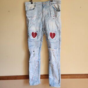 Focus Vintage Jeans Heartbreaker Distressed Red Splatter Hearts Size 34w X 30L